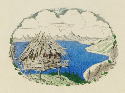 De hut op kippenpoten. Illustratie bij het gedicht Ruslan en Lyudmila van A. Pushkin door Sergei Vasilevich Chekhonin