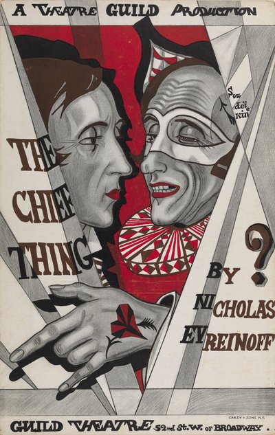 Poster voor Het Hoofdzaak, toneelstuk van Nikolai Evreinov door Sergei Yurievich Sudeykin
