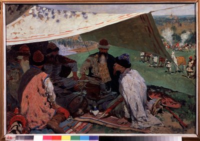 Bijeenkomst van Russische prinsen. Bijeenkomst van prinsen van de Rurik-dynastie in een tent in de middeleeuwen. door Sergej Vasilevic Ivanov