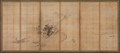 Landschap: heuvels en gebouwen, Muromachi periode door Sesson Shukei