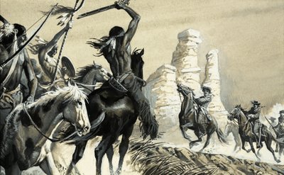 Een verrassingsontmoeting tussen twee verkenners, de ene indiaans, de andere US cavalerie door Severino Baraldi