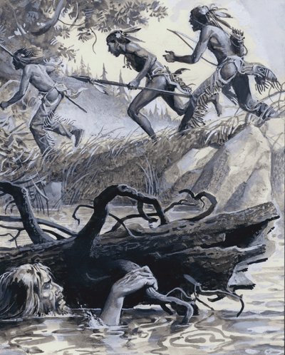 John Colter verstopt achter drijfhout (gouache op papier) door Severino Baraldi