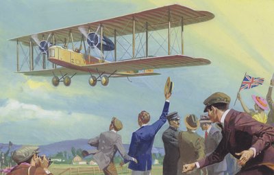 John William Alcock en Arthur Whitten Brown die de Atlantische Oceaan overvlogen (gouache op papier) door Severino Baraldi