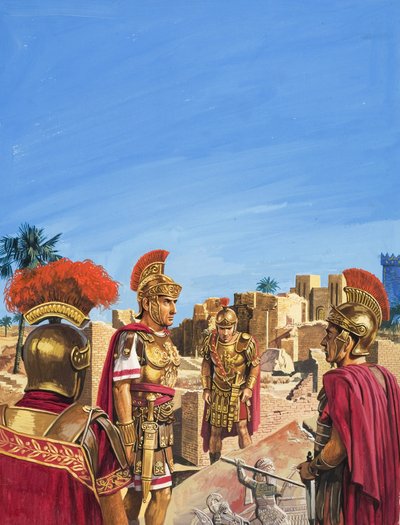 Romeinen bewonderen overblijfselen uit de Gouden Eeuw van Babylon (gouache op papier) door Severino Baraldi