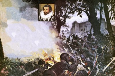 De mannen van Sir Walter Raleigh vallen een Spaans fort aan door Severino Baraldi