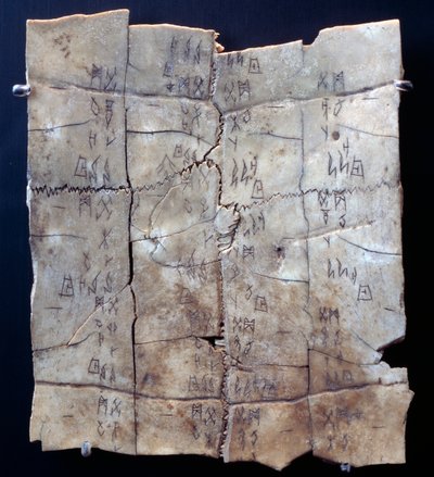 Pictogram op schildpadplastron met waarzeggerijtekst (schildpadplastron) door Shang Dynasty Chinese School