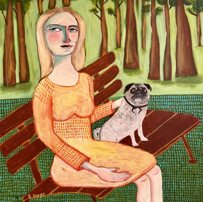 Vrouw met een mopshond door Sharyn Bursic