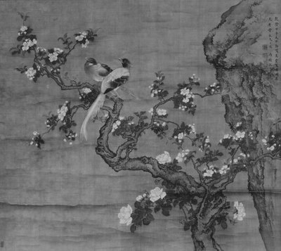 Bloeiende Sierappel en Paar Vogels, gedateerd 1744 door Shen Nanpin