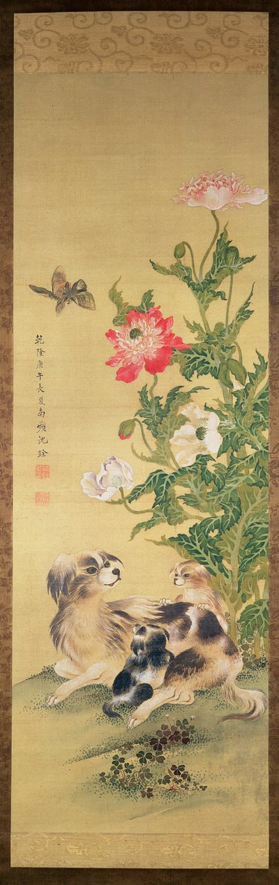 Honden en pioenroos, Qing-dynastie (kleur op zijde) door Shen Quan