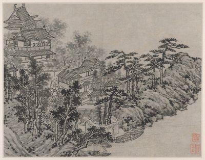 Twaalf Zichten op de Tijgerheuvel, Suzhou: Wolkenklimmend Paviljoen door Shen Zhou