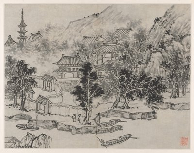 Twaalf Zichten op de Tijgerheuvel, Suzhou: Ver Uitzicht op de Tijgerheuvel vanaf de Kanaalaanlegplaats door Shen Zhou