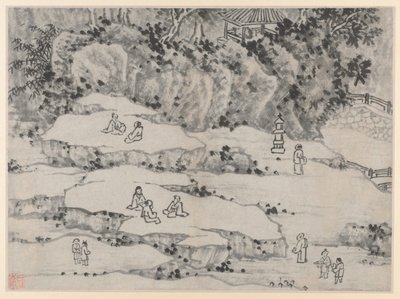 Twaalf Zichten op de Tijgerheuvel, Suzhou: Het Knikkende Stenenterras, Tijgerheuvel, en de Duizend-Man Zitplaats door Shen Zhou