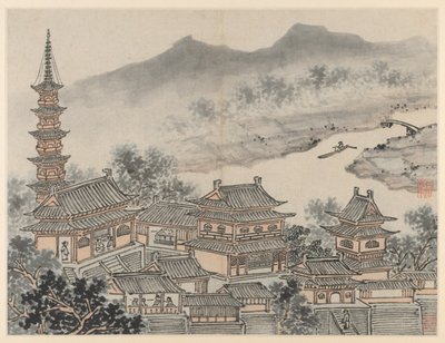 Twaalf uitzichten van Tiger Hill, Suzhou: De Duizend Boeddha Hal en de Pagode, na 1490 door Shen Zhou