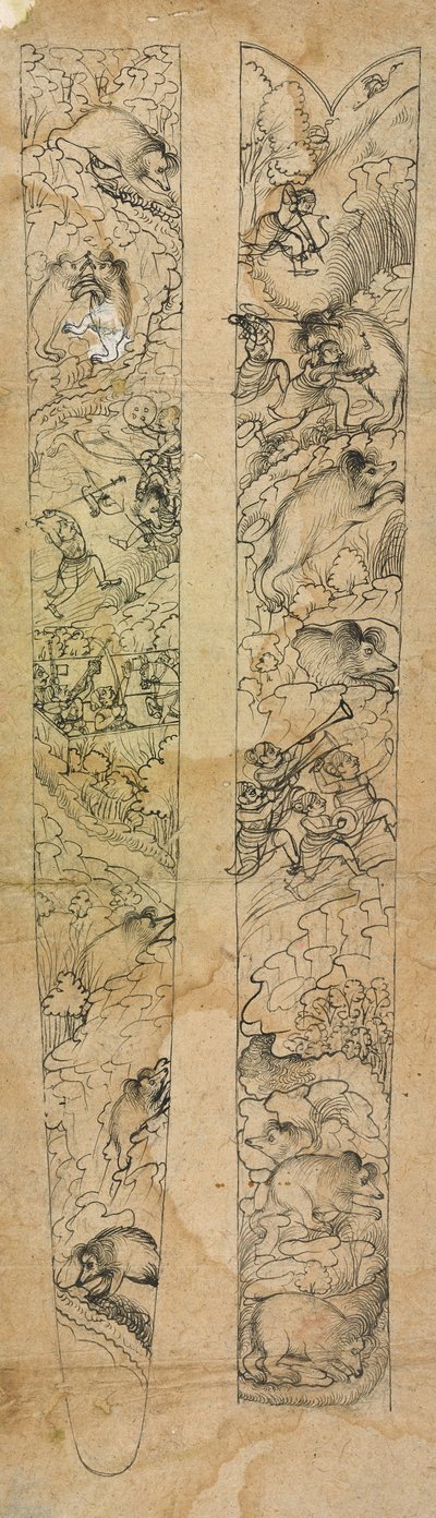 Een raja die op wilde zwijnen jaagt, ontwerp voor een schede, ca. 1750-1760 door Shevdar (attr.to) Gangeyagi