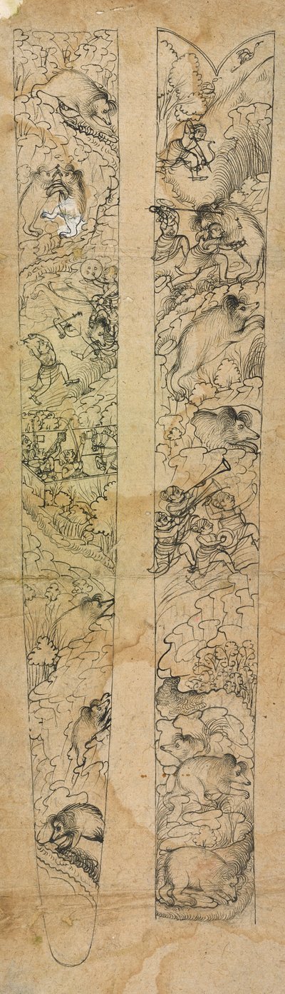 Een raja die wilde zwijnen jaagt, ontwerp voor een schede, ca. 1750-1760 door Shevdar Gangeyagi