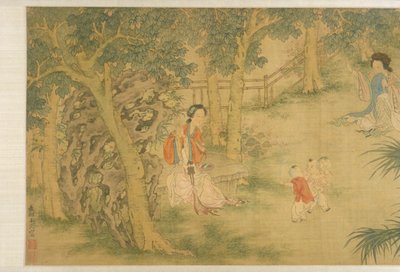 Vrouwen en Kinderen in een Tuin door Shi Wang