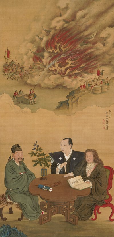 Hangende rol die een ontmoeting van Japan, China en het Westen afbeeldt door Shiba Kokan