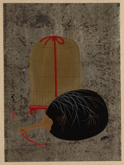 Waaier en insectenkooi door Shibata Zeshin