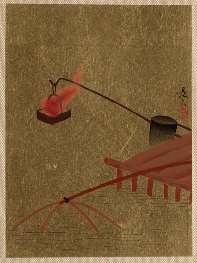 Vuurbak opgehangen aan een dok boven een visnet in het water door Shibata Zeshin