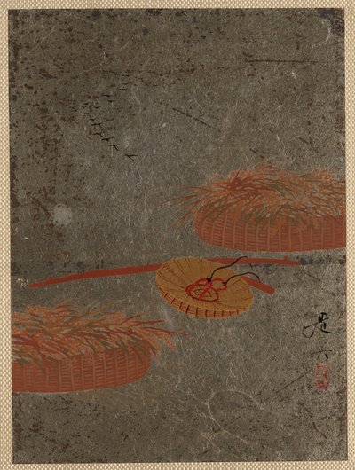 Bloemenmanden en boerenhoed door Shibata Zeshin