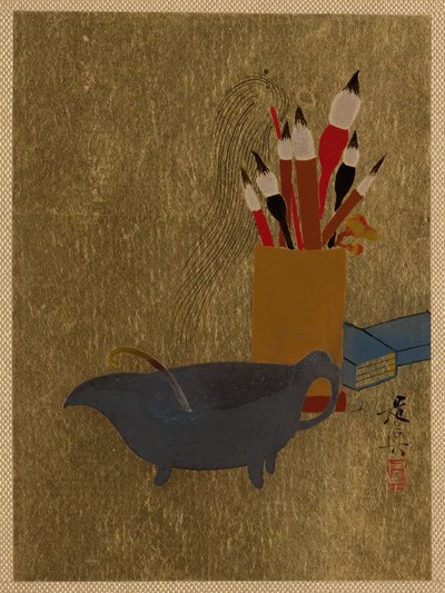 Kessel und Kiste mit Pinseln door Shibata Zeshin