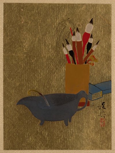 Ketel en doos met verfkwasten, 1882 door Shibata Zeshin