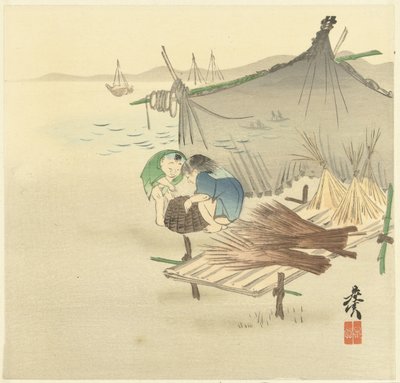Kinderen bij een visnet door Shibata Zeshin