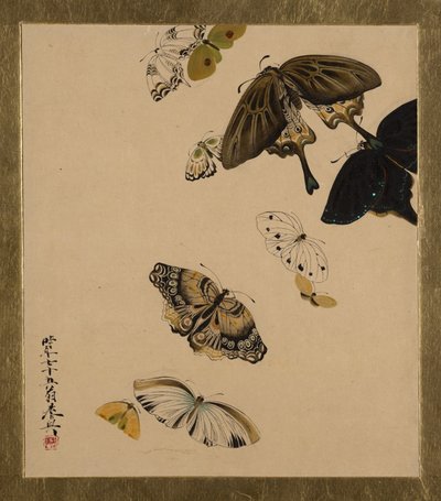 Lakken schilderijen van verschillende onderwerpen: Vlinders, gedateerd 1881 door Shibata Zeshin