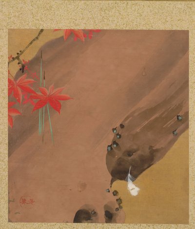 Esdoornbladeren en Veer uit Album van Schilderijen door de Eerwaarde Zeshin door Shibata Zeshin