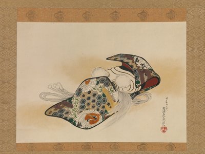 Noh-masker: Okina, gedateerd 1879 door Shibata Zeshin