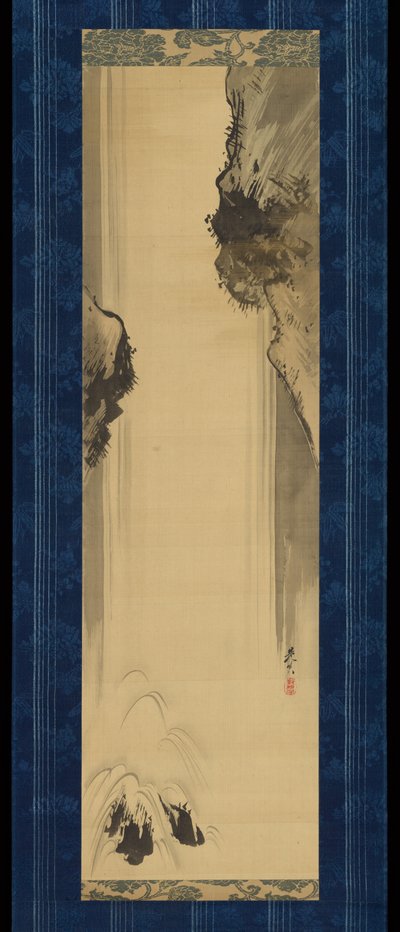 Rotsen en waterval door Shibata Zeshin