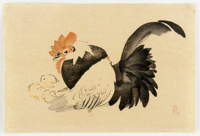 Haan, Hen en Kuikens, Meiji-periode, 1870-79 door Shibata Zeshin