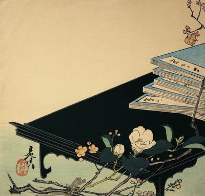 Stapel boeken en pruimenbloesem op een tafel door Shibata Zeshin