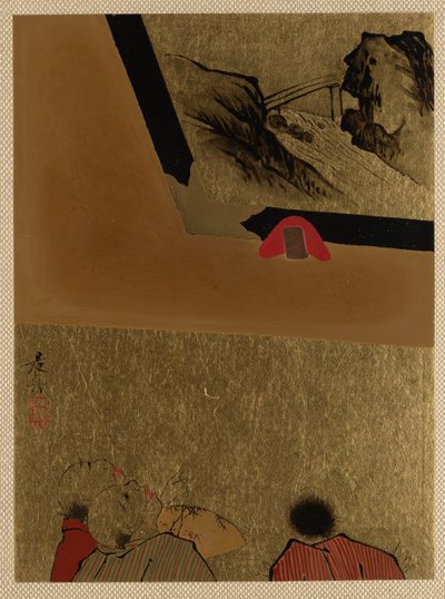 Drie mannen kijken naar een ingelijste laktekening door Shibata Zeshin