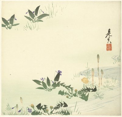 Voorjaarsbloemen bij een stroompje door Shibata Zeshin