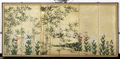 Bamboe en klaprozen, vroeg 17e eeuw (Paar schermen met zes panelen; inkt, kleur en goud
op papier) door Shigenobu Kano