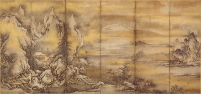 Japans: 『式部輝忠筆 四季山水図屏風 室町時代 』 Landschap van de vier seizoenen, één van een paar (Asian Art Museum B60D49+) door Shikibu Terutada