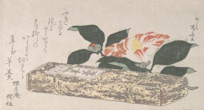 Camellia bloem en Yokan een soort bonengelei gewikkeld in bamboeschil, 1811 door Shinsai