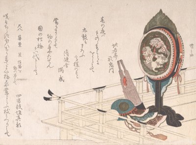 Trommel met Standaard, Sho Een Soort Mondorgel en Helm op het Podium voor Bugaku Dans door Shinsai
