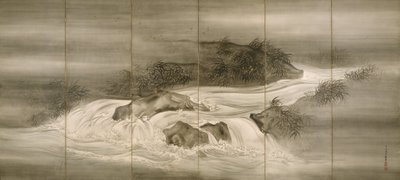 Rivierlandschap met vuurvliegjes door Shiokawa Bunrin