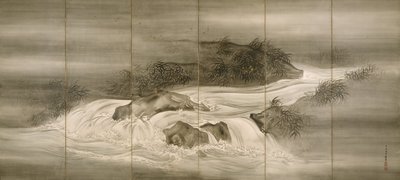 Rivierlandschap met Vuurvliegjes, 1874 door Shiokawa Bunrin