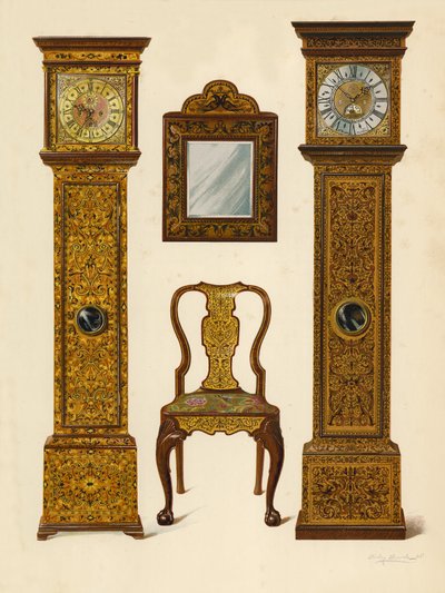 Klok ingelegd met lichte marqueterie, eigendom van Percy Macquoid; Klok ingelegd met donkere marqueterie, Victoria and Albert Museum; Walnoothouten stoel ingelegd met marqueterie; Spiegel door Shirley Charles Llewellyn Slocombe