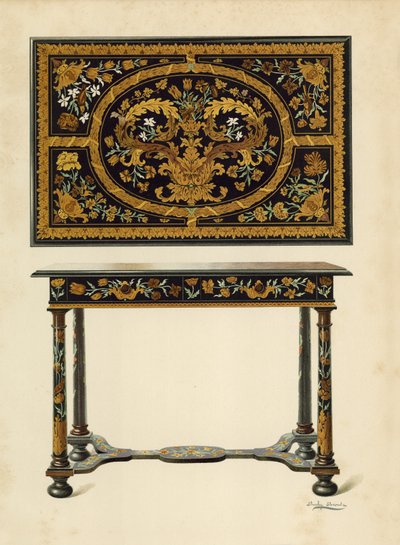 Tafel ingelegd met marqueterie, eigendom van Lord Zouche van Haryngworth door Shirley Charles Llewellyn Slocombe
