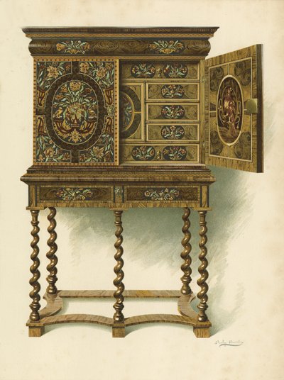 Notenhouten kast ingelegd met marqueterie, eigendom van The Hon Charlotte Maria Lady North en R Eden Dickson (chromolitho) door Shirley Charles Llewellyn Slocombe
