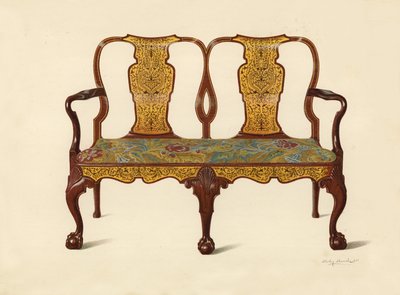 Walnotenbank ingelegd met marqueterie, eigendom van Percy Macquoid door Shirley Charles Llewellyn Slocombe