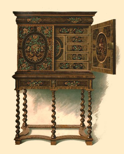 Notenhouten kast ingelegd met marqueterie, 1905 door Shirley Charles Llewellyn Slocombe