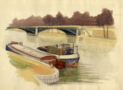 Barges op de rivier de Theems bij Battersea Bridge, Londen door Shirley Markham