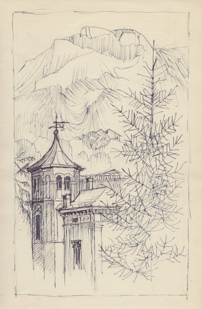 Kerk en bergen, Italië door Shirley Markham