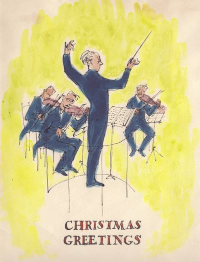 Dirigent en orkest, kerstkaart door Shirley Markham