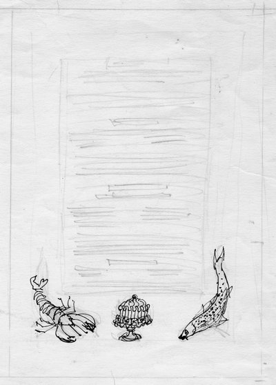 Kreeft, vis en taart, menukaartontwerp, ca. 1950 door Shirley Markham